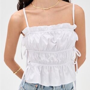 Free People Gabby Cotton Medium White Smocked Side Tie Ruffle Strappy Top